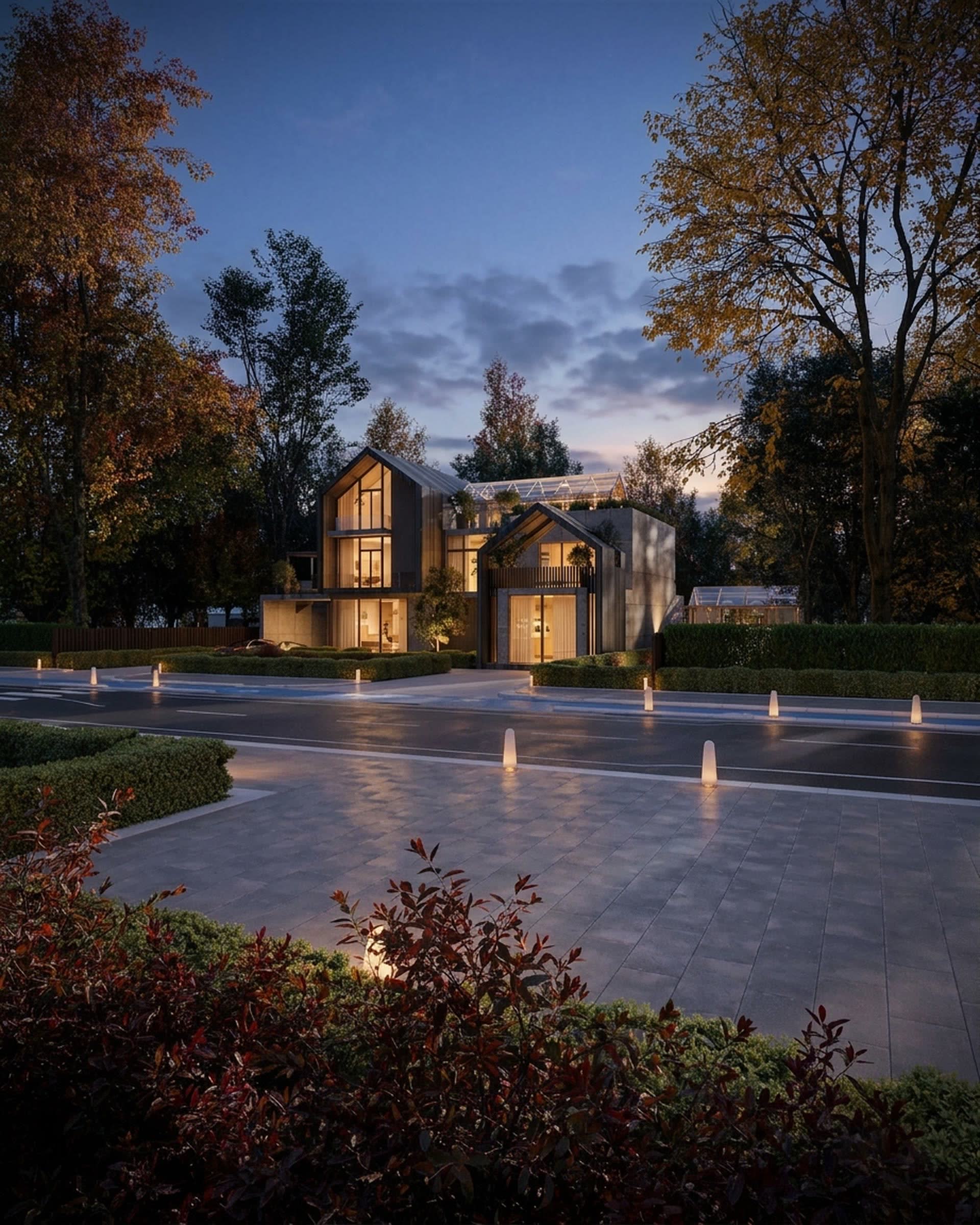Modern Gabled Residence at night — a NUMENHAUS LIVE experience